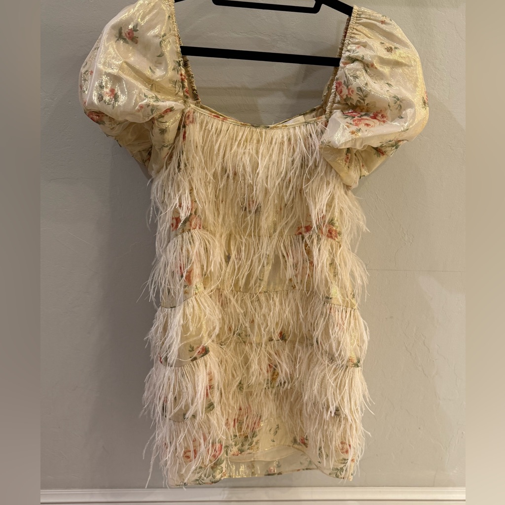 Loveshackfancy Ivory Floral Mini Dress With Feather Fringe